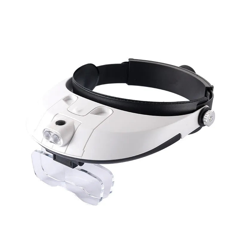 LED headband magnifier with adjustable strap and five acrylic lenses on a table