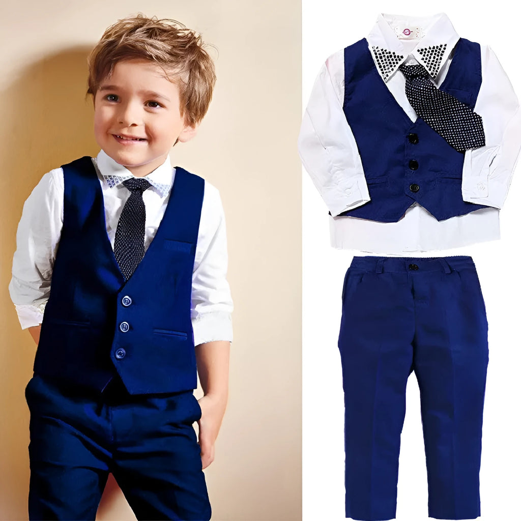 Boys' blue smart casual clothing set with turtleneck, vest, tie, and trousers for spring and autumn events
