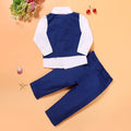 Boys' blue smart casual clothing set with turtleneck, vest, tie, and trousers for spring and autumn events