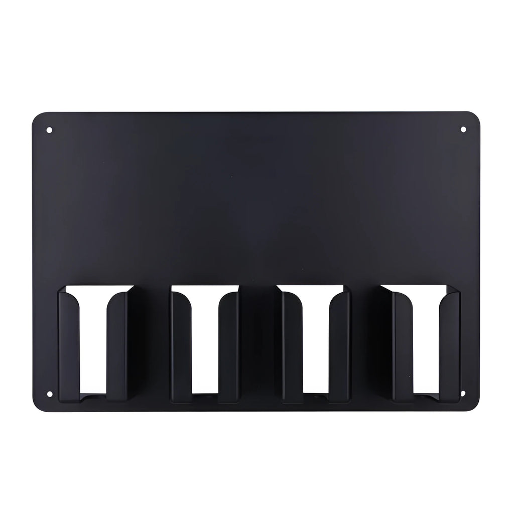 Black plastic wall-mounted rack holding four hair clippers