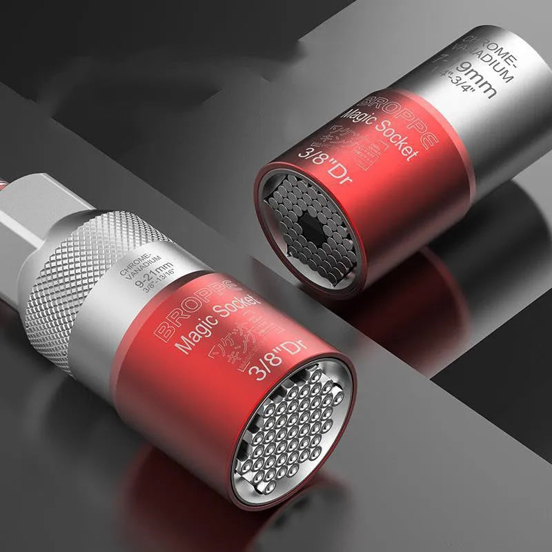 Red metric socket set with 7-19mm and 9-21mm universal sleeves for electric screwdrivers