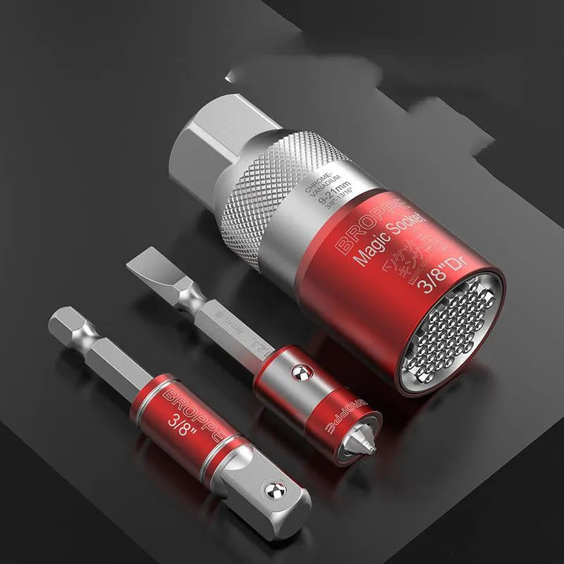 Red metric socket set with 7-19mm and 9-21mm universal sleeves for electric screwdrivers