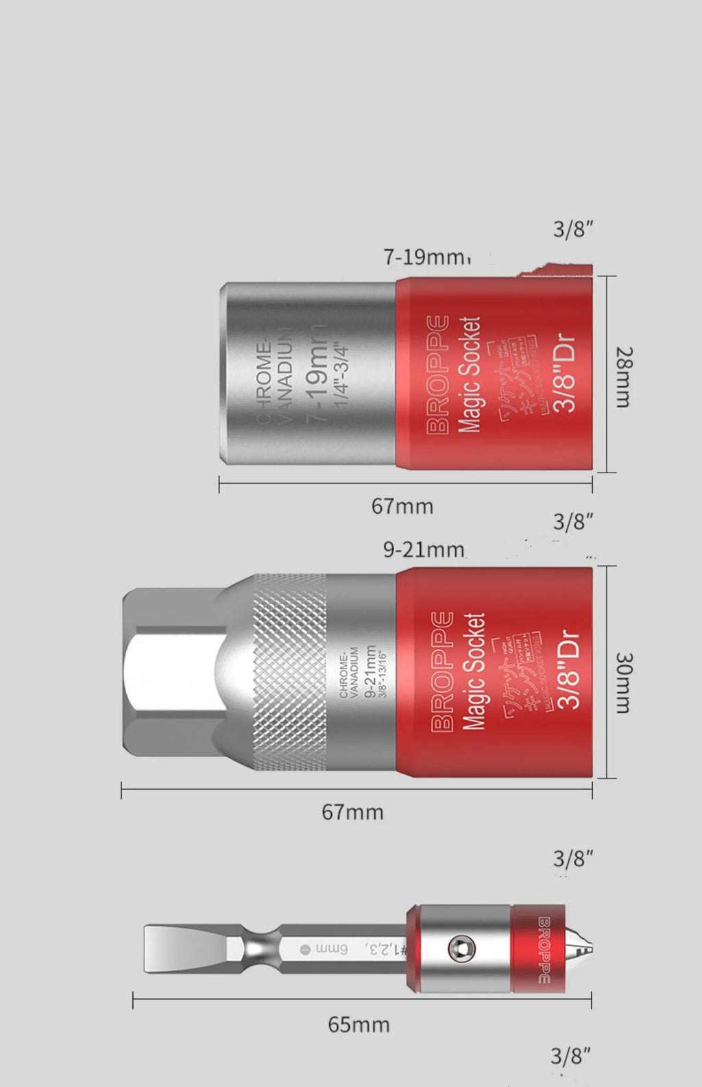 Red metric socket set with 7-19mm and 9-21mm universal sleeves for electric screwdrivers