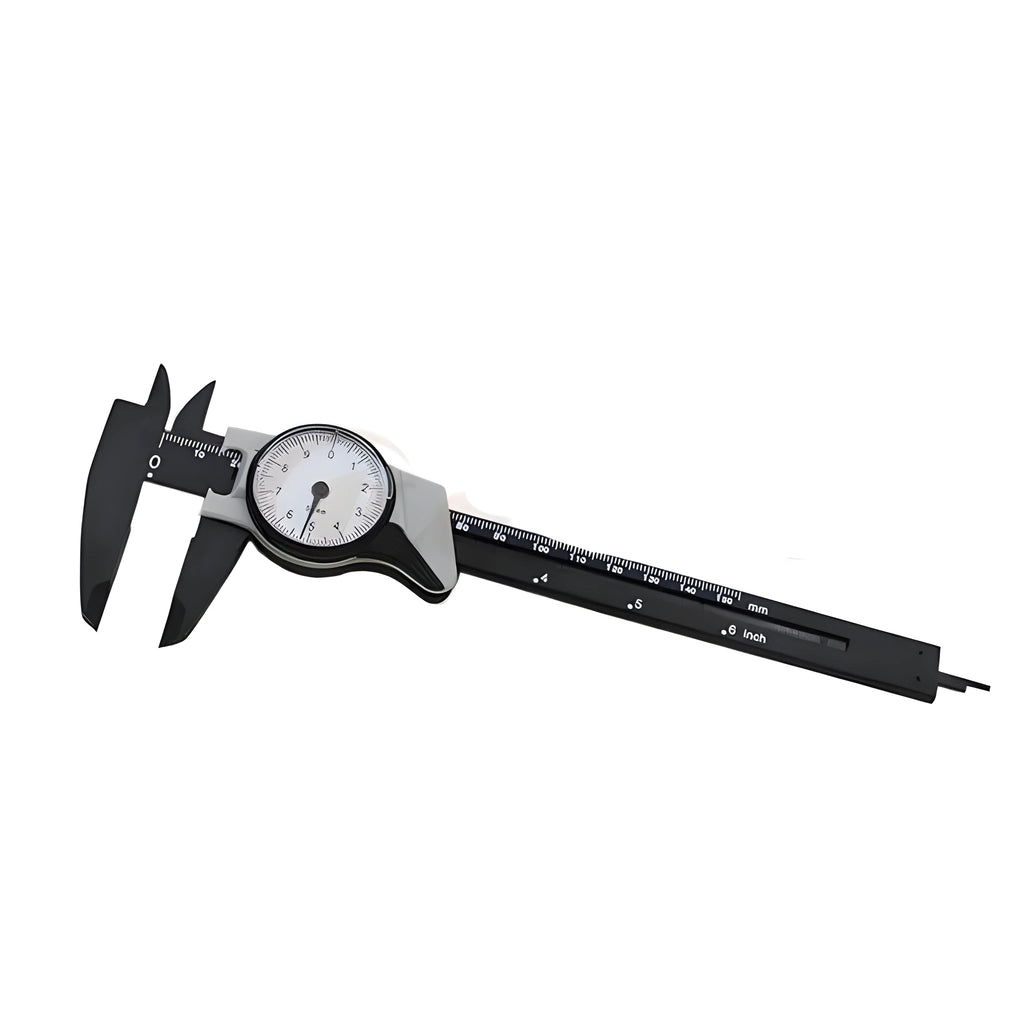 Black and white plastic vernier caliper showing 0-150mm measurement scale with 0.1mm graduation markings