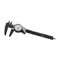 Black and white plastic vernier caliper showing 0-150mm measurement scale with 0.1mm graduation markings