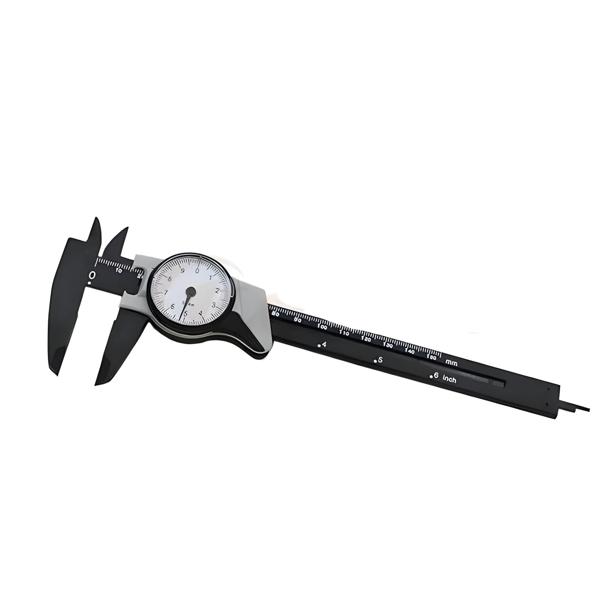 Black and white plastic vernier caliper showing 0-150mm measurement scale with 0.1mm graduation markings