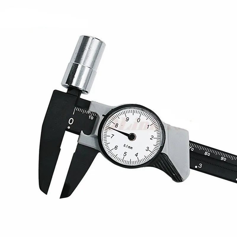 Black and white plastic vernier caliper showing 0-150mm measurement scale with 0.1mm graduation markings