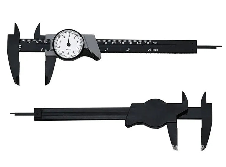 Black and white plastic vernier caliper showing 0-150mm measurement scale with 0.1mm graduation markings