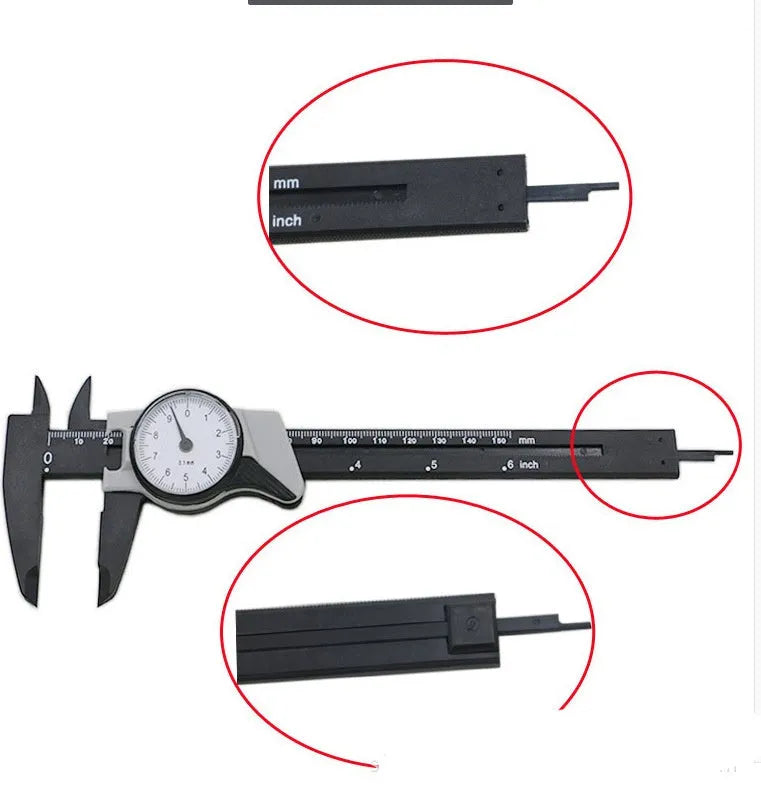 Black and white plastic vernier caliper showing 0-150mm measurement scale with 0.1mm graduation markings
