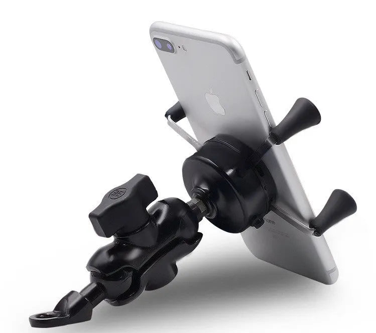 Black aluminium motorcycle phone mounting bracket installed on a handlebar, holding a mobile phone.