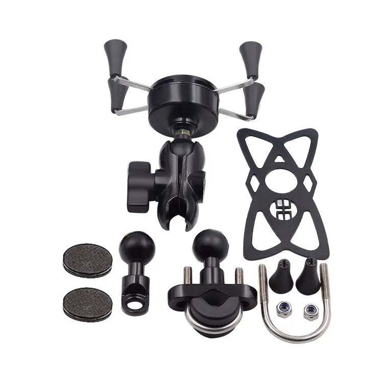 Black aluminium motorcycle phone mounting bracket installed on a handlebar, holding a mobile phone.