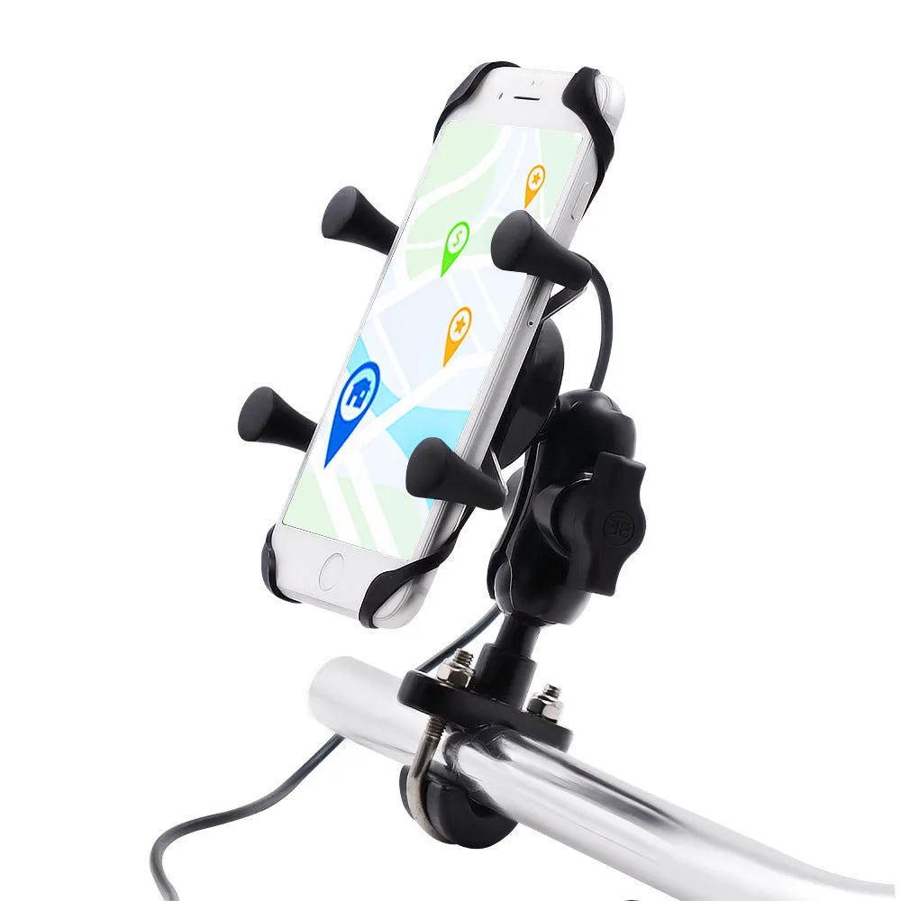 Black aluminium motorcycle phone mounting bracket installed on a handlebar, holding a mobile phone.