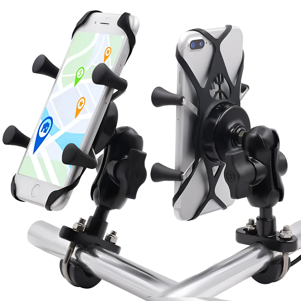 Black aluminium motorcycle phone mounting bracket installed on a handlebar, holding a mobile phone.
