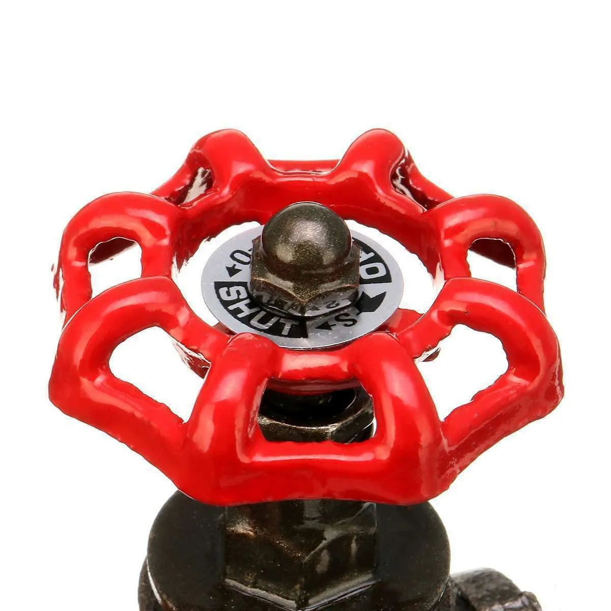 Steampunk industrial light switch valve with red lever and gray copper tee connector showing thread connection