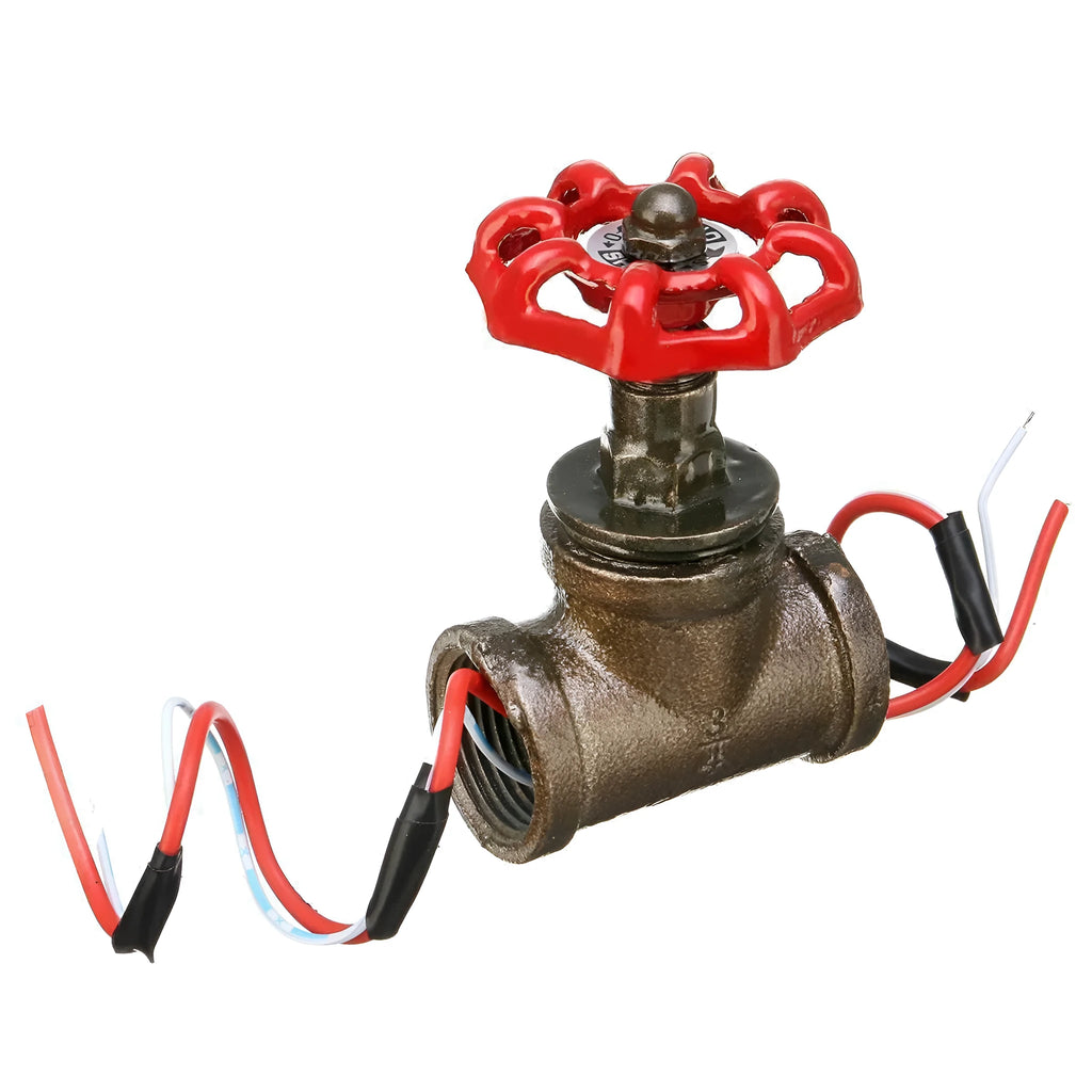 Steampunk industrial light switch valve with red lever and gray copper tee connector showing thread connection