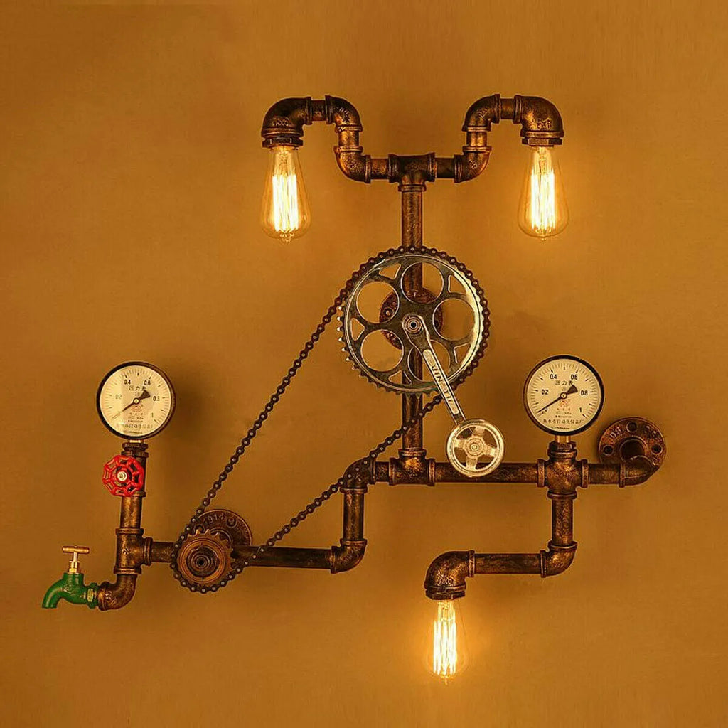 Steampunk industrial light switch valve with red lever and gray copper tee connector showing thread connection