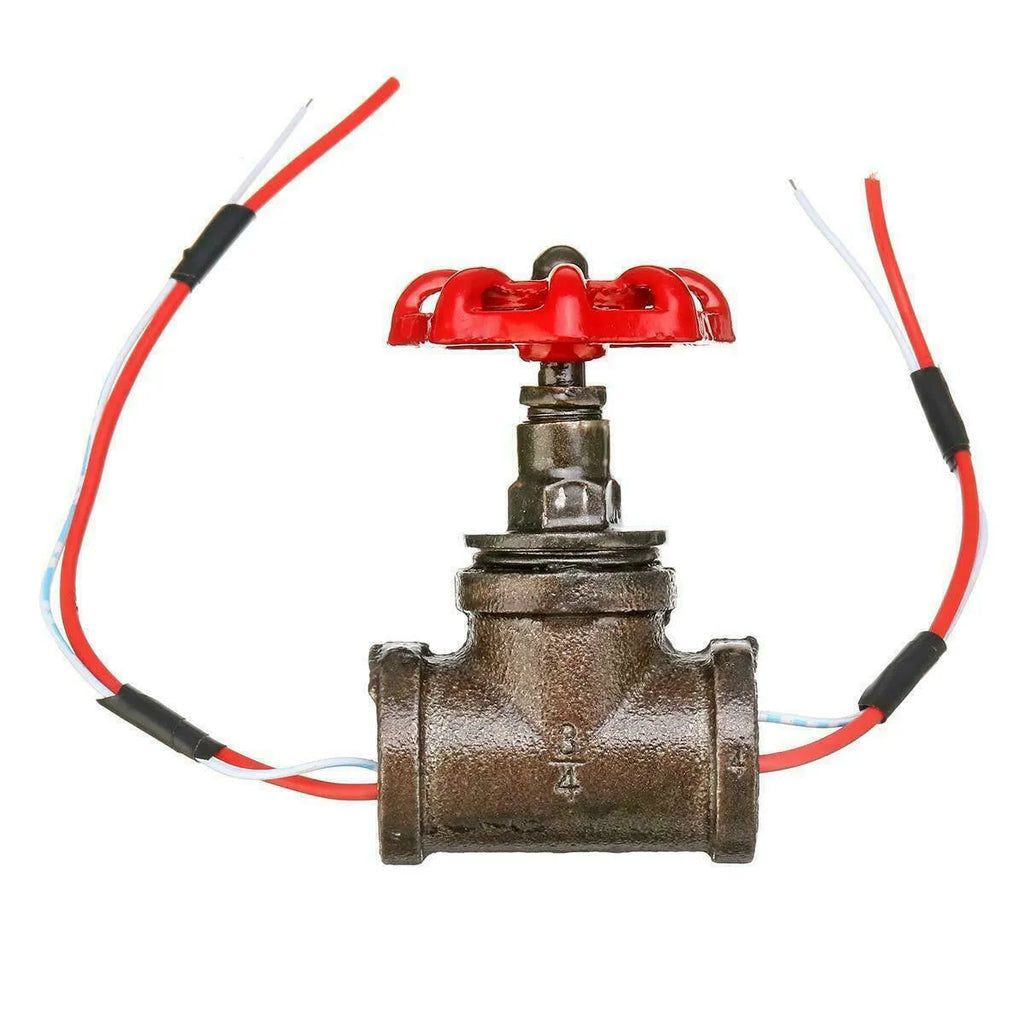 Steampunk industrial light switch valve with red lever and gray copper tee connector showing thread connection