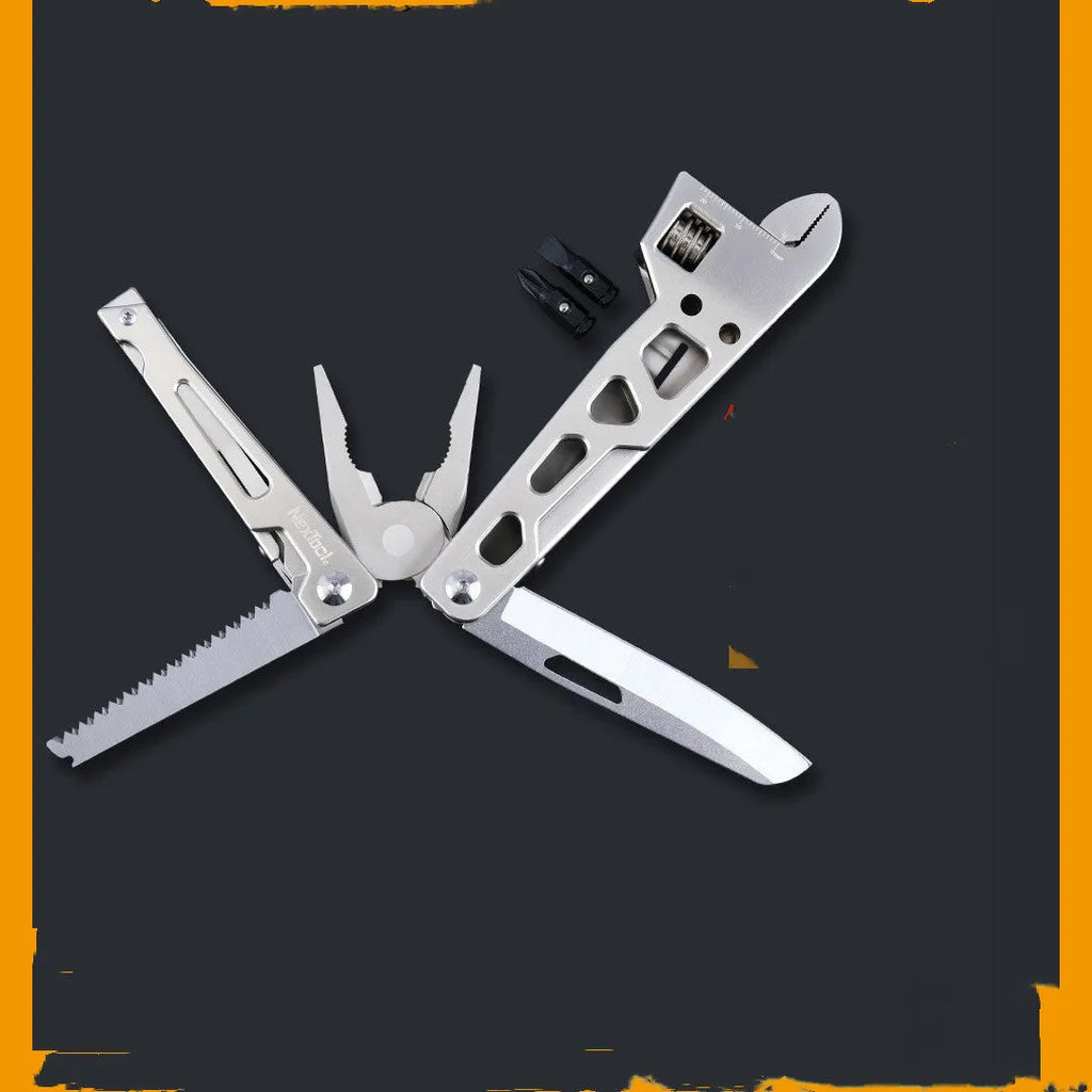 White stainless steel multi-function tool with wrench, knife, and needle nose pliers, blade length 8cm