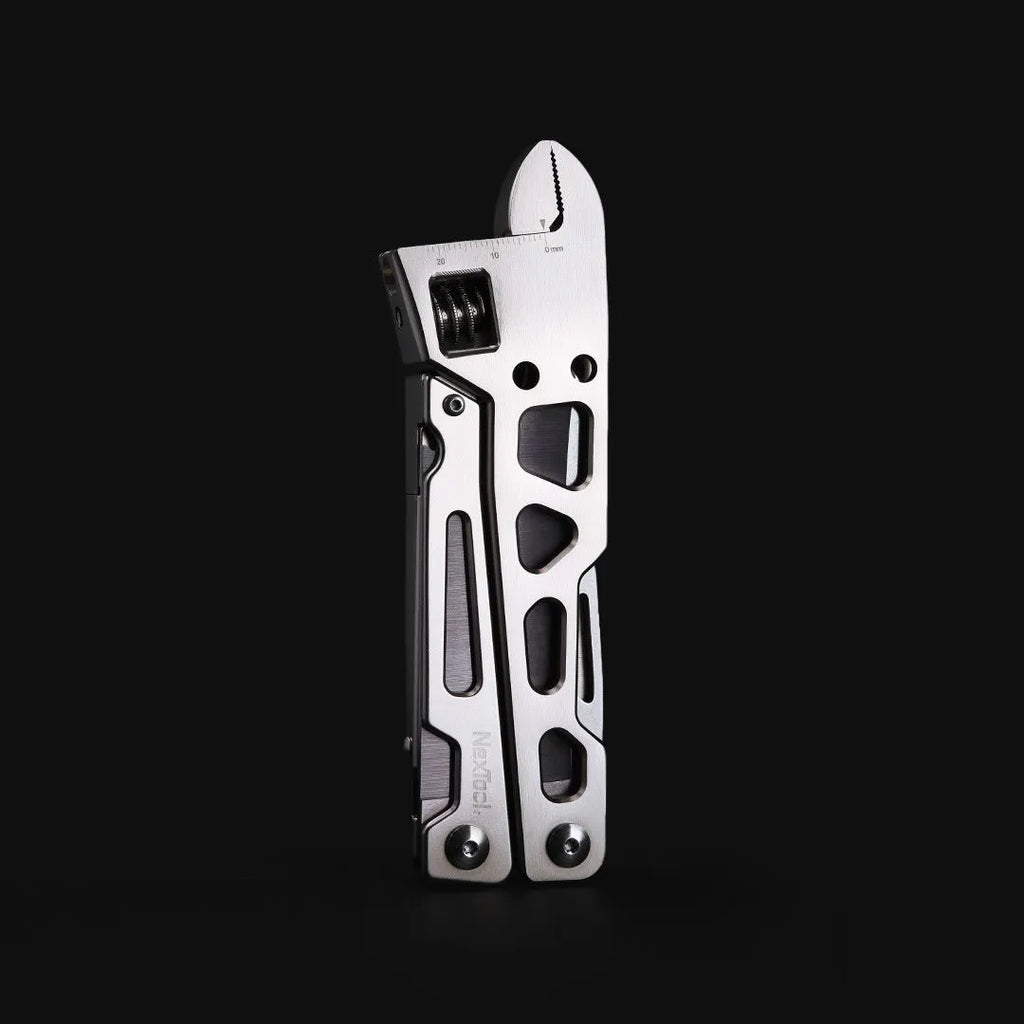 White stainless steel multi-function tool with wrench, knife, and needle nose pliers, blade length 8cm