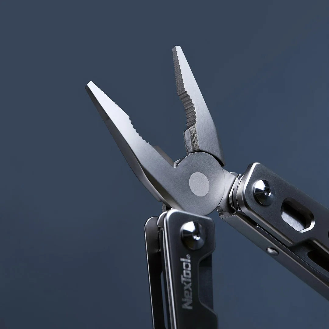 White stainless steel multi-function tool with wrench, knife, and needle nose pliers, blade length 8cm