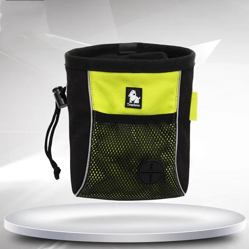 Orange and green dog training waist bags showing removable waste compartment and adjustable waist strap
