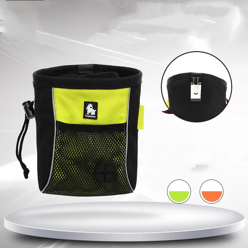 Orange and green dog training waist bags showing removable waste compartment and adjustable waist strap