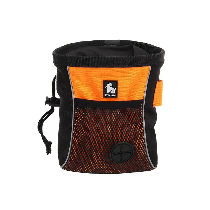 Orange and green dog training waist bags showing removable waste compartment and adjustable waist strap
