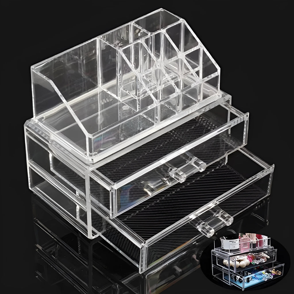 Transparent acrylic foldable storage organiser box with 18 litre capacity for makeup and cosmetics