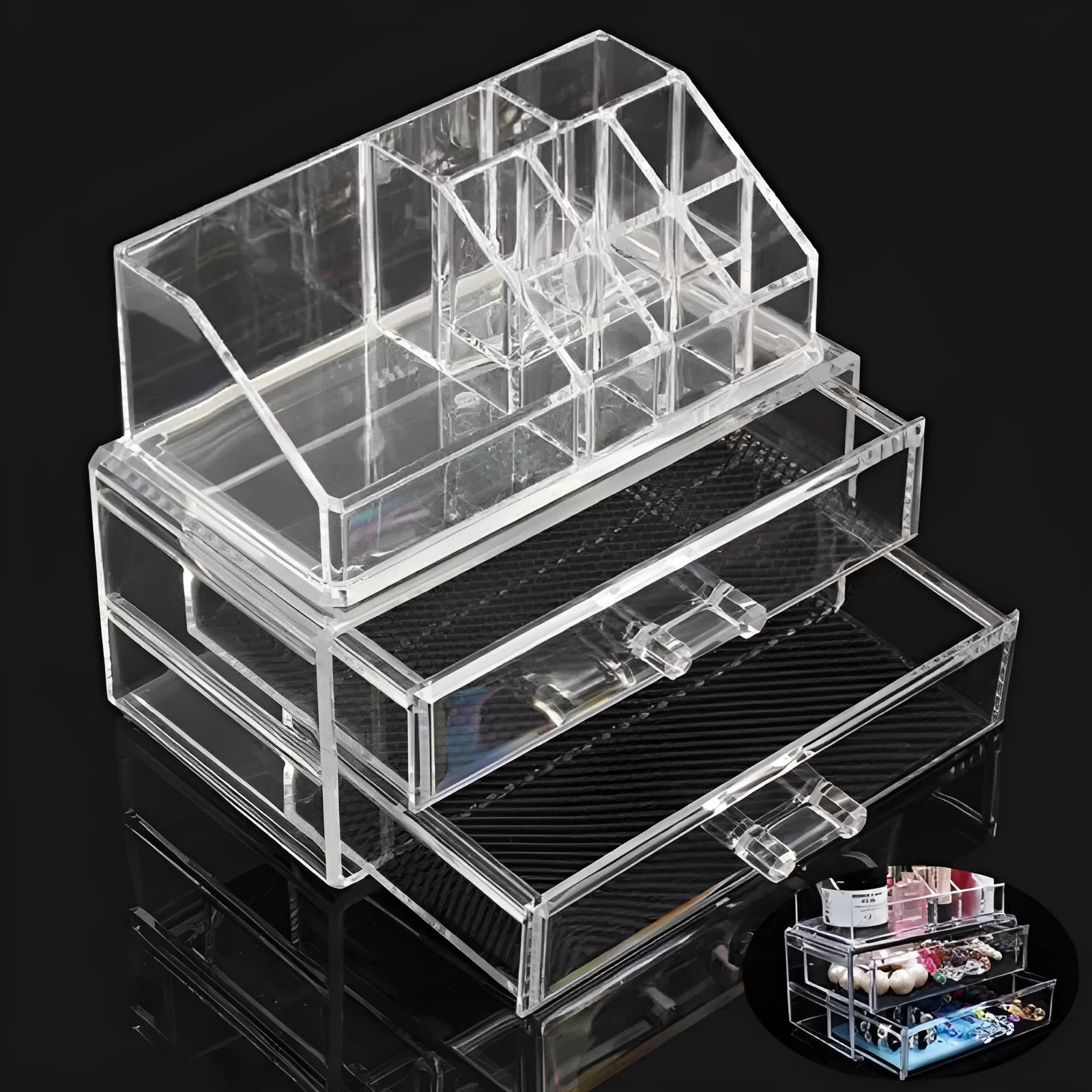 Transparent acrylic foldable storage organiser box with 18 litre capacity for makeup and cosmetics