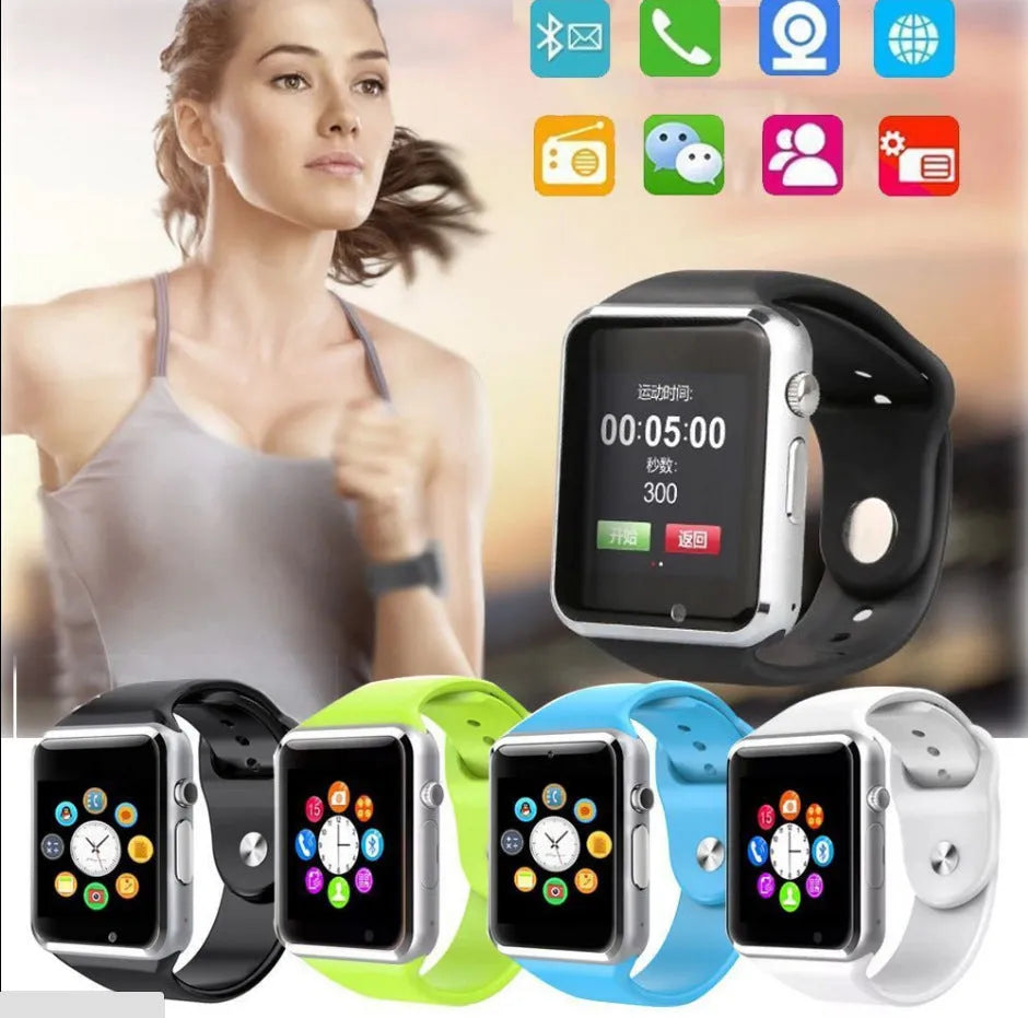 A1 Smart Watch with 1.54-inch screen in various colours including black, silver, white, gold, pink, red, green, and blue