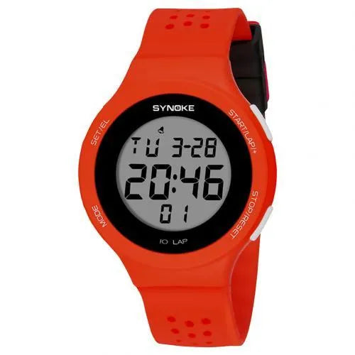 LED digital sports watch with luminous dial showing 50m waterproof rating on a wrist.