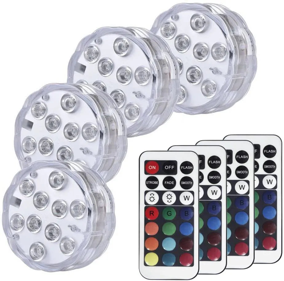 White waterproof LED disc light with remote control for pools and gardens.