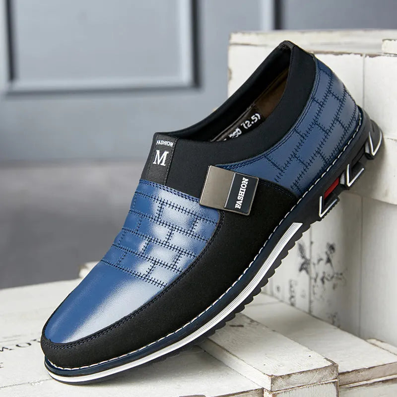 Men's casual leather shoes in blue, black, and brown colours showing low-cut upper design