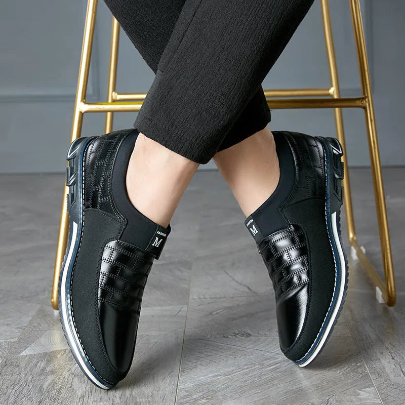 Men's casual leather shoes in blue, black, and brown colours showing low-cut upper design