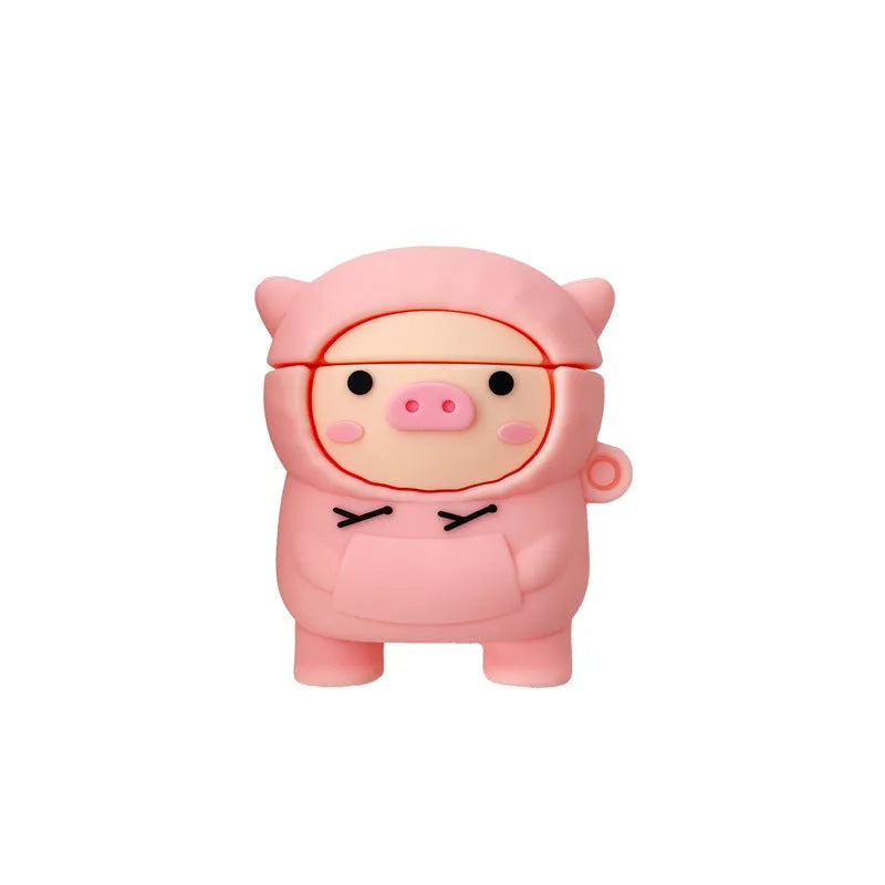Pink cartoon pig design silicone flip case for Apple AirPods with an attached metal carrying hook.