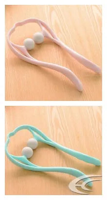 Plastic neck massager with hand roller for trigger point therapy in pink, blue, or green colours with removable heads