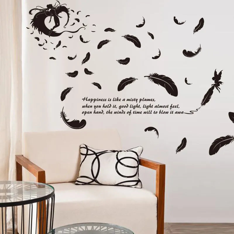 Black feather angel three generations removable wall sticker measuring 50 by 70 centimetres