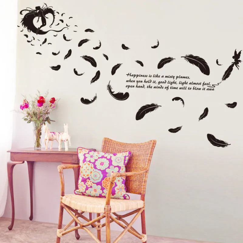Black feather angel three generations removable wall sticker measuring 50 by 70 centimetres