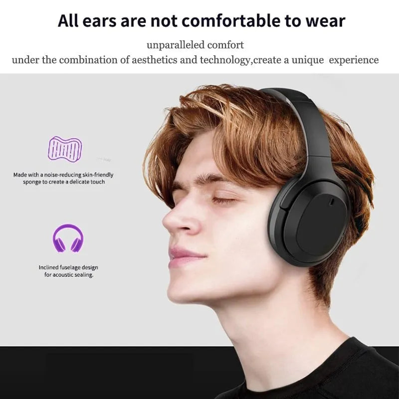 Black Bluetooth wireless headset with over-ear design and memory-protein ear cushions