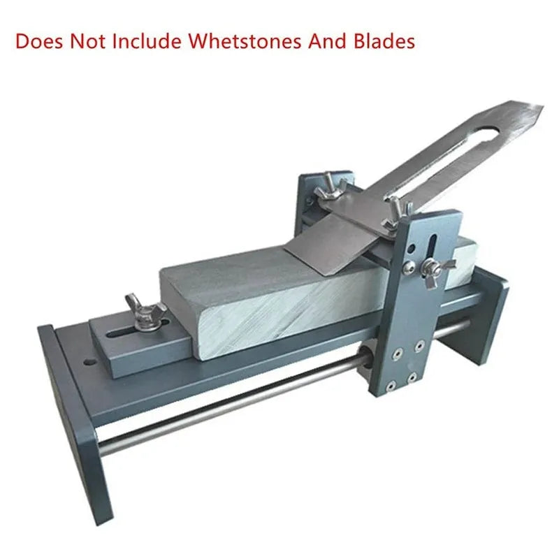 Aluminium alloy fixed angle sharpening tool for woodworking chisels and carving knives on a workbench.