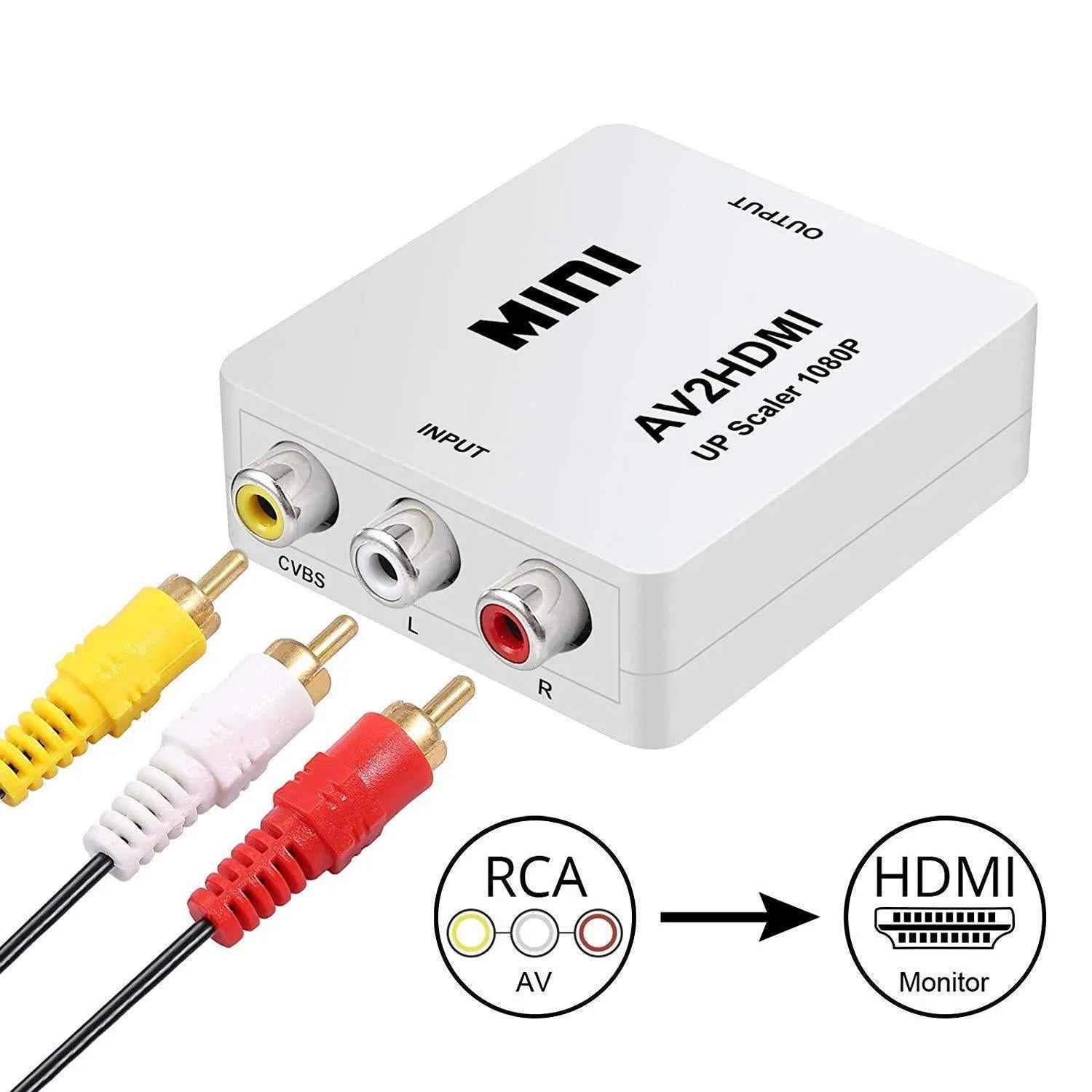 Compact AV to HDMI video converter with 0.5 metre cable in black colour option