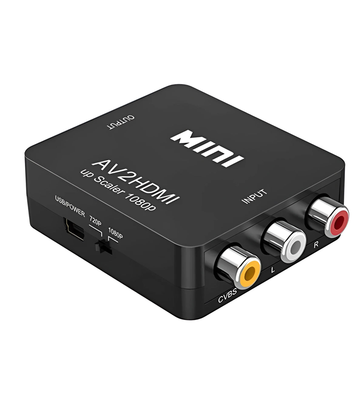 Compact AV to HDMI video converter with 0.5 metre cable in black colour option