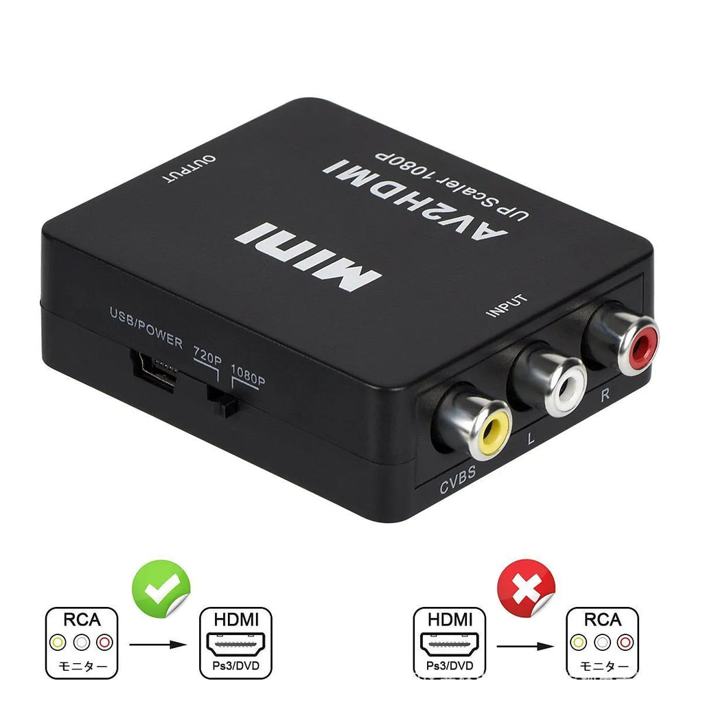 Compact AV to HDMI video converter with 0.5 metre cable in black colour option