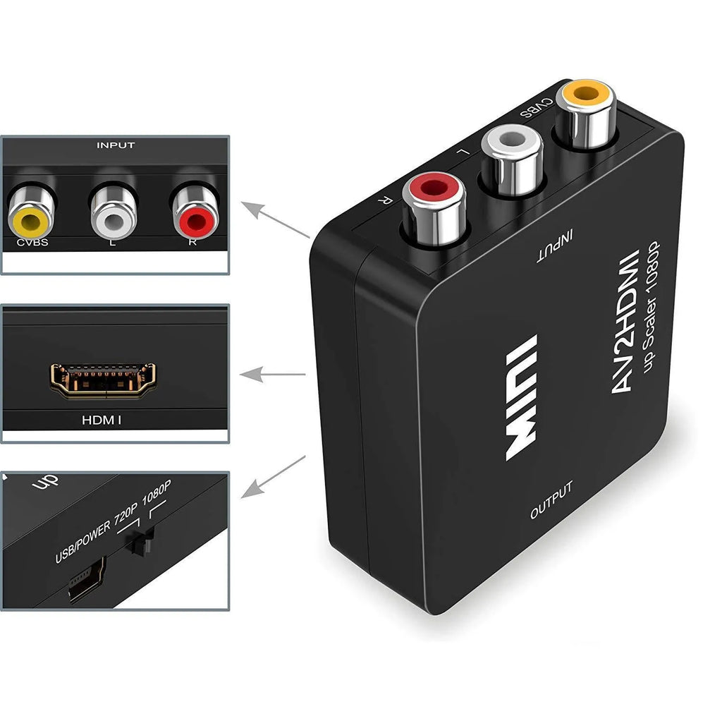 Compact AV to HDMI video converter with 0.5 metre cable in black colour option