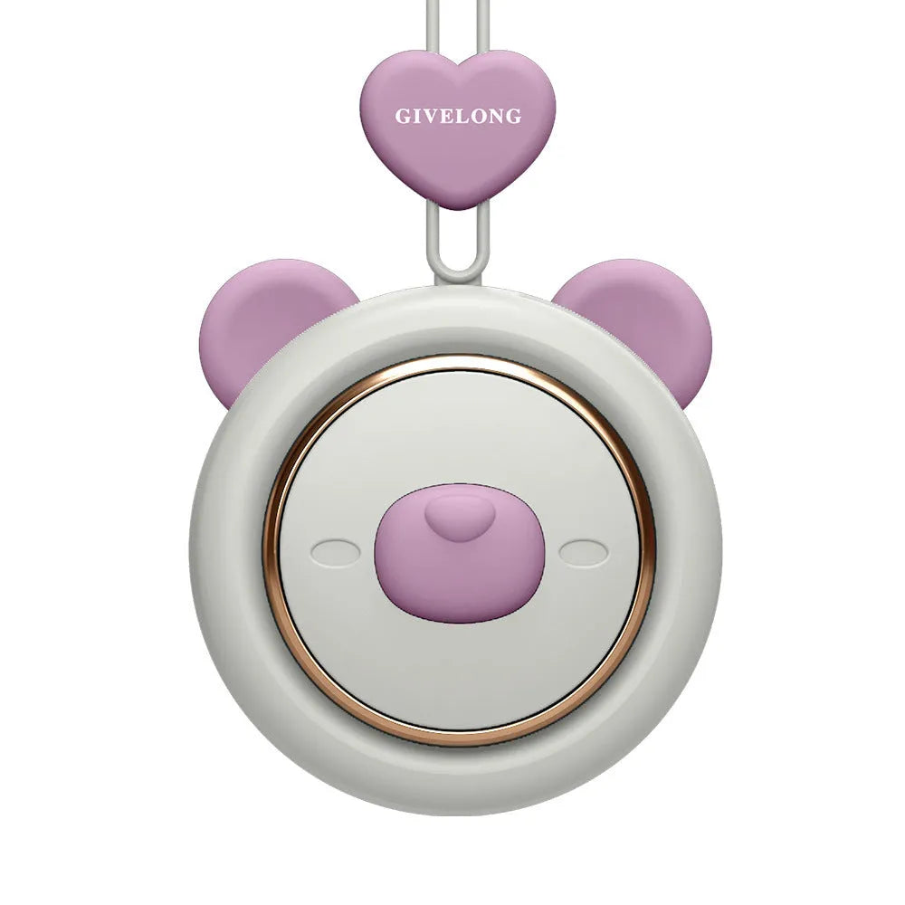 Mini bladeless neckband fan with hanging rope showing USB charging port and three-speed button