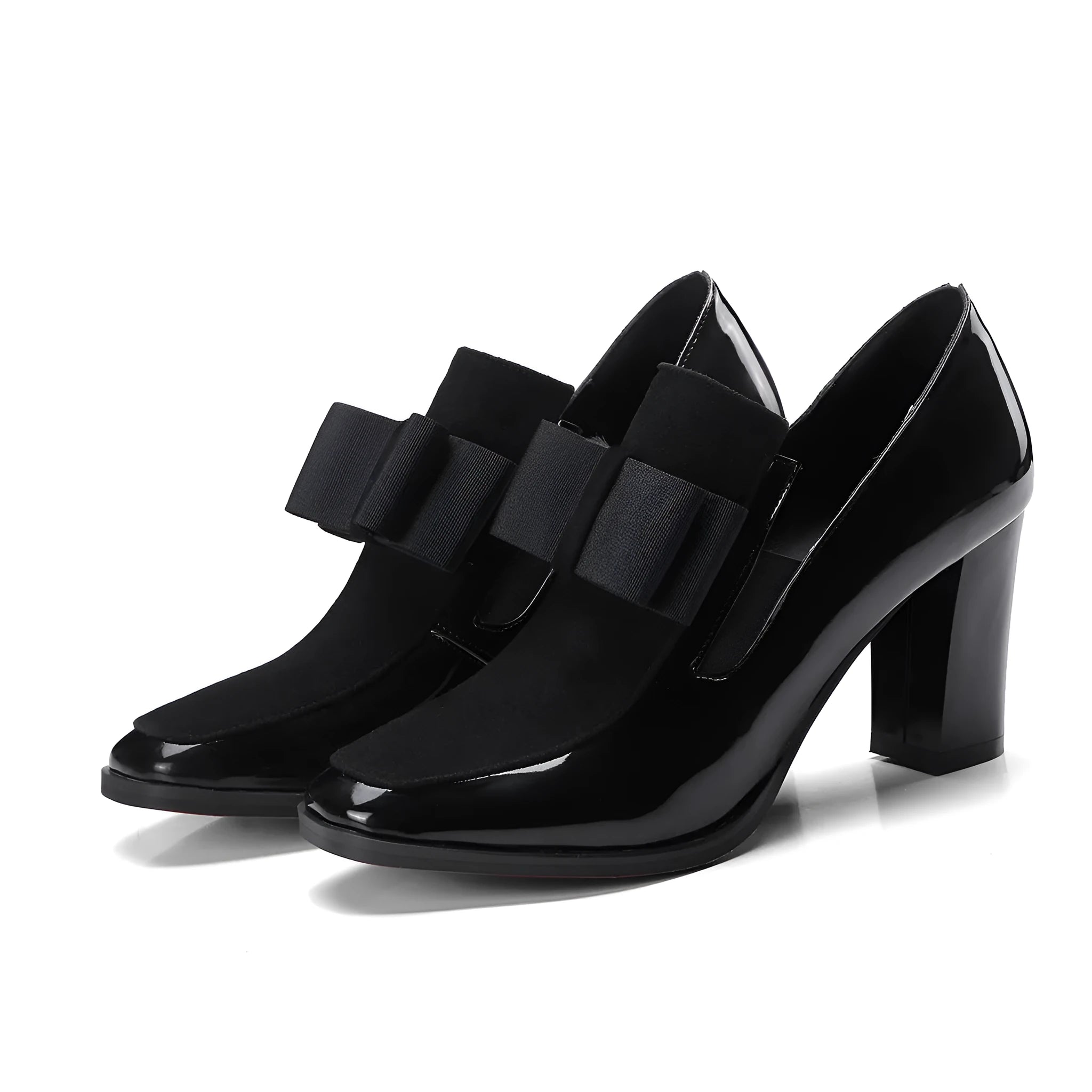 Black patent leather women's high heels with square toe and thick heel in size range 34-43