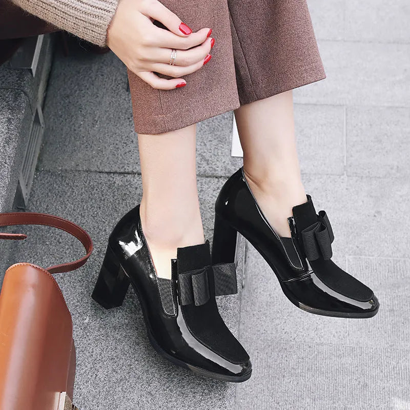 Black patent leather women's high heels with square toe and thick heel in size range 34-43