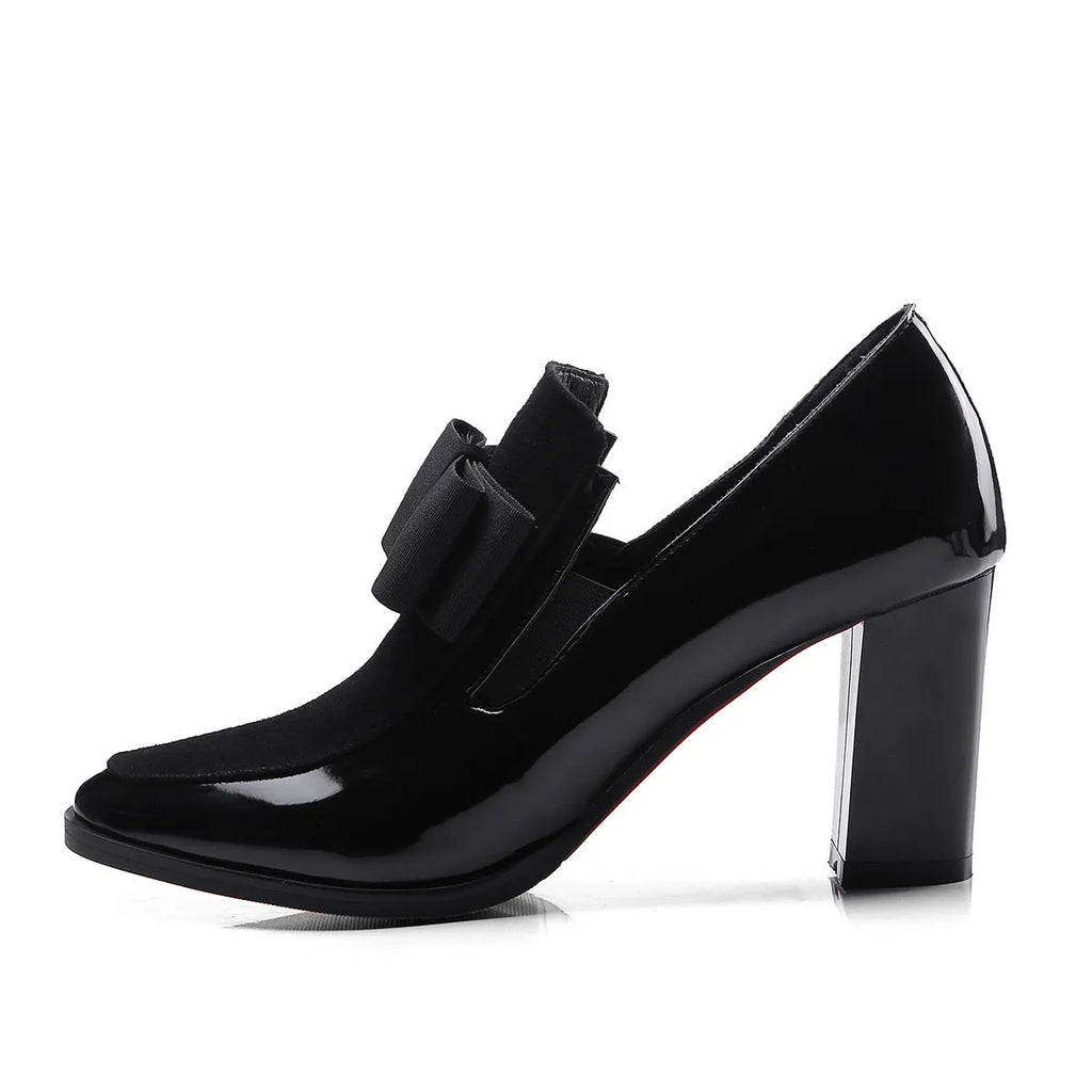 Black patent leather women's high heels with square toe and thick heel in size range 34-43