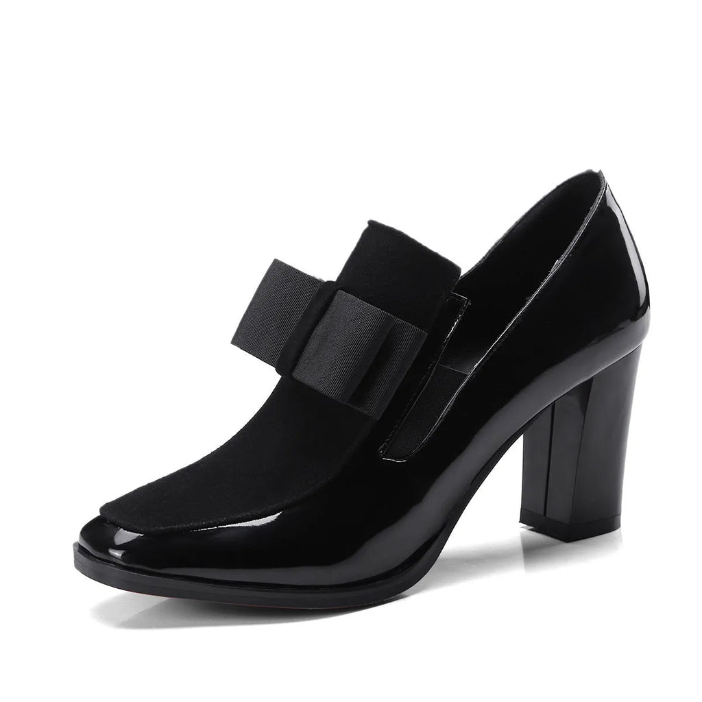 Black patent leather women's high heels with square toe and thick heel in size range 34-43