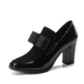 Black patent leather women's high heels with square toe and thick heel in size range 34-43